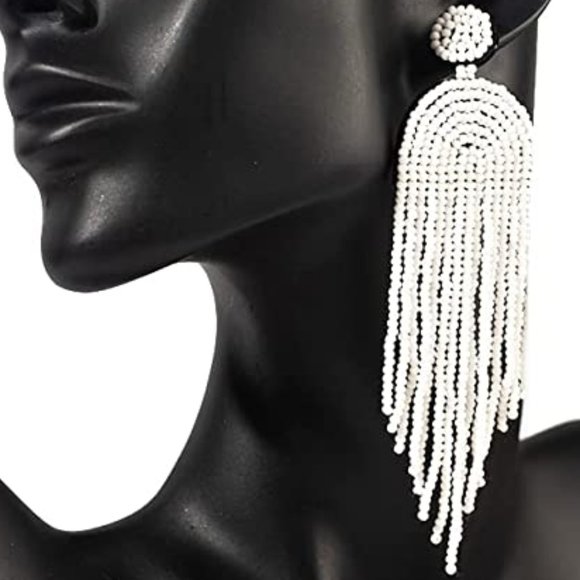 Long White 4.5" Modern Art Deco Oversized Earrings New Handmade Bohemian Tassel - Picture 5 of 5